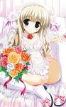  1girl blonde_hair blue_eyes bouquet bridal_veil daikan&#039;yama_sumire daikan'yama_sumire dress flower nipples oshiki_hitoshi solo suzunone_seven thighhighs veil wedding_dress 