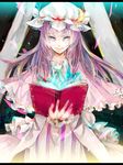  blue_eyes book capelet crescent frea frills hat highres long_hair long_sleeves patchouli_knowledge purple_hair smile solo touhou 