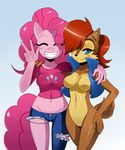  anthro anthrofied blue_eyes breasts brown_hair clothing crossover duo equine eyes_closed female friendship_is_magic hair horse looking_at_viewer mammal my_little_pony pink_hair pinkie_pie_(mlp) pony red_hair sally_acorn sega smile sonic_(series) sssonic2 torn_clothing 