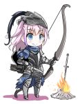  armor arrow artorias_the_abysswalker artorias_the_abysswalker_(cosplay) blue_eyes bow_(weapon) chainmail commentary_request cosplay dark_souls fatkewell fire fireplace girls_frontline hand_on_hip helmet pink_hair quiver scarf smile solo souls_(from_software) st_ar-15_(girls_frontline) sword weapon 