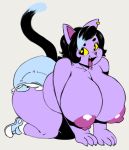  &lt;3 &lt;3_eyes 2018 all_fours angstrom anthro areola big_breasts big_butt black_hair breasts butt cat catty_(undertale) claws clothed clothing denim_shorts dipstick_tail ear_piercing eyelashes fangs feline female footwear freckles fur hair hanging_breasts huge_breasts legwear looking_back mammal multicolored_tail nipples open_mouth open_smile overweight overweight_female piercing puffy_areola purple_fur shoes shorts smile socks solo thick_thighs tongue tongue_out topless undertale video_games yellow_sclera 