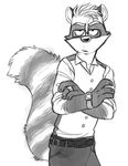  black_and_white glasses greyscale male mammal monochrome neil raccoon solo vasuki 
