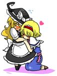  alice_margatroid apron blush bow capelet closed_eyes cross-laced_footwear hairband hat hat_bow heart kirisame_marisa long_hair multiple_girls open_mouth reio sash short_hair short_sleeves touhou white_background witch_hat yellow_eyes 