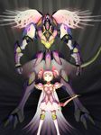  armor boots bow_(weapon) cape choker dress elbow_gloves full_body gloves hair_ornament highres kaname_madoka machinery magic_knight_rayearth mahou_shoujo_madoka_magica mecha parody pauldrons pink_dress pink_hair ribbon sakusakusakurai shoulder_pads skirt solo spread_legs standing twintails weapon 