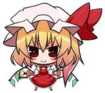  amagiku ascot blonde_hair blush crystal fang flandre_scarlet hat hat_ribbon puffy_sleeves red_eyes ribbon short_hair short_sleeves side_ponytail smile solo touhou white_background wings 
