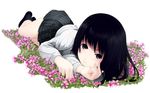  black_eyes black_hair flower full_body grass light_smile looking_at_viewer lying matsunaga_kouyou on_side original shoes skirt socks solo 