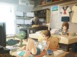  air_conditioner bare_shoulders barefoot bed book brown_hair camisole dress electric_fan fan frills game_console indoors lying multiple_girls original pillow playing_games playstation_3 printer school_uniform serafuku speaker torio_(mocd1985) wii 