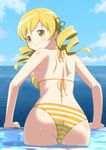  animated animated_png arm_support ass bikini blonde_hair blush body_blush cap_(dkdm-d) cloud day derivative_work drill_hair from_behind hair_ornament kaze_(kazesan) looking_back mahou_shoujo_madoka_magica pool sky smile solo striped striped_bikini swimsuit tomoe_mami twin_drills twintails wading water wet yellow_eyes 