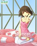  bakemonogatari black_hair blush brown_eyes brown_hair hairband monogatari_(series) nisemonogatari purdoy25 sengoku_nadeko short_hair smile solo strap_slip thighhighs 