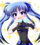  arm_belt bare_shoulders belt blue_hair blush buckle candy fang food gloves hair_ribbon lollipop lyrical_nanoha magical_girl mahou_shoujo_lyrical_nanoha mahou_shoujo_lyrical_nanoha_a's mahou_shoujo_lyrical_nanoha_a's_portable:_the_battle_of_aces material-l md5_mismatch multicolored_hair oimotti open_mouth purple_eyes ribbon sleeveless solo sparkle swirl_lollipop twintails two-tone_hair 