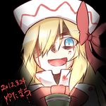  blonde_hair blood blood_on_face blue_eyes bow dated flashlight hair_over_one_eye hat lily_white open_mouth smile solo touhou upper_body yutamaro 