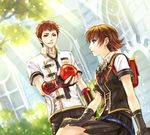  1girl apple backpack bad_id bad_pixiv_id bag blue_eyes brown_hair cater_(fft-0) dated eight_(fft-0) final_fantasy final_fantasy_type-0 fingerless_gloves food fruit gloves kagalin red_eyes short_hair signature 
