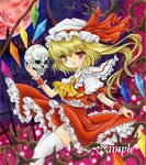  ascot bat blonde_hair chirori flandre_scarlet hat hat_ribbon moon open_mouth puffy_sleeves red_eyes red_moon ribbon short_hair short_sleeves side_ponytail skull solo thighhighs touhou white_legwear wings wrist_cuffs 