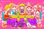  bird bishoujo_senshi_sailor_moon blonde_hair blue_eyes blue_sailor_collar bow brown_hair bubble_skirt cat chair choker creature crossover cup double_bun dustpan earrings gloves hair_ornament hairpin harukaze_doremi hat heart jewelry kabu_(mahou_tsukai_sally) kaname_madoka kyubey long_hair luna_(sailor_moon) magical_girl mahou_no_princess_minky_momo mahou_shoujo_madoka_magica mahou_tsukai_sally majorika minky_momo multiple_crossover multiple_girls ojamajo_doremi open_mouth orange_hair pink_background pink_hair pink_hat pipiru_(minky_momo) puffy_sleeves red_bow red_choker red_eyes red_hair red_skirt ribbon sailor_collar sailor_moon sailor_senshi_uniform short_hair shouyu_senbei sitting skirt smile sparkle table teacup teapot tiara tsukino_usagi twintails v_arms witch_hat yumeno_sally 