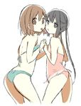  bad_anatomy bikini casual_one-piece_swimsuit cherry food food_in_mouth fruit hirasawa_yui holding_hands jpeg_artifacts k-on! looking_at_viewer meno mouth_hold multiple_girls nakano_azusa one-piece_swimsuit pink_swimsuit simple_background sketch swimsuit white_background yuri 