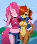  anthro anthrofied blue_eyes breasts brown_hair clothing crossover equine eyes_closed female friendship_is_magic hair horse looking_at_viewer mammal my_little_pony pink_hair pinkie_pie_(mlp) pony red_hair sally_acorn sega smile sonic_(series) sssonic2 torn_clothing 