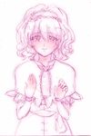  alice_margatroid capelet gioha hairband hands looking_at_viewer monochrome necktie parted_lips short_hair sketch solo touhou wavy_hair wrist_cuffs 