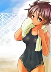  brown_eyes brown_hair collarbone gradient_hair highres multicolored_hair navel one-piece_swimsuit original short_hair sketch solo sonjow4 swimsuit towel wet 