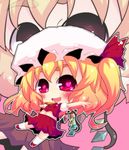  amagiku ascot blonde_hair crystal fang flandre_scarlet hat hat_ribbon heart heart-shaped_pupils navel open_mouth puffy_sleeves red_eyes ribbon short_hair short_sleeves side_ponytail solo symbol-shaped_pupils touhou wings 