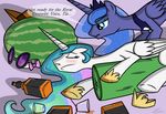  alcohol beverage blue_hair blush bolster bottle bow_tie crown drunk english_text equine eyewear female feral friendship_is_magic glass hair hat horn horse jackiephantom13 long_hair mammal multi-colored_hair my_little_pony pillow pony princess princess_celestia_(mlp) princess_luna_(mlp) royalty sibling siblings sisters sleeping sunglasses text watermelon whiskey winged_unicorn wings 