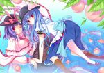  bad_id bad_pixiv_id blue_hair blush boots capelet food fruit hat hat_ribbon hinanawi_tenshi long_hair looking_at_viewer multiple_girls nagae_iku peach purple_hair ratise red_eyes ribbon smile touhou water 