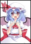  ascot bat_wings blue_hair fang hat hat_ribbon highres jewelry kazami_chiu open_mouth puffy_sleeves red_eyes remilia_scarlet ribbon short_hair short_sleeves solo touhou white_background wings 