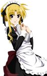  alternate_hairstyle apron blonde_hair fate_testarossa long_sleeves lyrical_nanoha mahou_shoujo_lyrical_nanoha_strikers maid maid_headdress red_eyes solo takamachi_fate white_background 