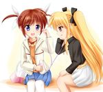  alternate_legwear bag blonde_hair brown_hair digital_media_player earbuds earphones fate_testarossa hair_ribbon kachuten long_sleeves lyrical_nanoha mahou_shoujo_lyrical_nanoha mahou_shoujo_lyrical_nanoha_a's multiple_girls open_mouth orange_shirt pantyhose purple_eyes red_eyes ribbon shared_earphones shirt short_twintails skirt smile takamachi_nanoha twintails white_legwear 