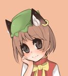  animal_ears banned_artist brown_hair cat_ears chen chin_rest dskn earrings hat jewelry lowres non-web_source short_hair solo touhou 