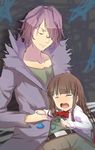  1girl bad_end blue_flower blue_rose brown_hair closed_eyes coat flower garry_(ib) hair_over_one_eye height_difference ib ib_(ib) long_hair magister_(medical_whiskey) petals purple_hair rose short_hair spoilers tears withered 