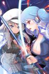  battle blue_hair blush breasts cabbie_hat cane clash cleavage corset deeple duel eisenwane grey_eyes grey_hair hat holding jacket large_breasts long_hair lowres luthica_preventer multiple_girls open_mouth pleated_skirt red_eyes skirt striped sword sword_girls turtleneck twintails weapon 