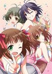  3girls akizuki_ryou amami_haruka bare_shoulders brown_eyes brown_hair green_eyes green_hair hagiwara_yukiho idolmaster idolmaster_(classic) idolmaster_dearly_stars jewelry kikuchi_makoto kurimomo multiple_girls necklace one_eye_closed otoko_no_ko purple_eyes purple_hair skirt v yellow_eyes 