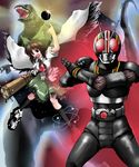  1girl antennae arm_cannon belt bow brown_hair crossover godzilla godzilla_(series) hair_bow highres kaijuu kamen_rider kamen_rider_black kamen_rider_black_(series) kazami_shirou_(kaizou-zumi) long_hair monster pose red_eyes reiuji_utsuho rider_belt short_sleeves third_eye touhou weapon wings 