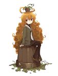  black_legwear brown_eyes brown_hair curly_hair expressionless kasa long_hair long_sleeves looking_at_viewer original pantyhose plant plant_on_head pleated_skirt potted_plant simple_background sitting skirt solo white_background 
