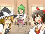  alternate_costume alternate_hairstyle ascot bad_id bad_pixiv_id blonde_hair blush bow brown_eyes brown_hair chair closed_eyes constricted_pupils detached_sleeves green_hair hair_bow hair_tubes hakurei_reimu hat kazami_yuuka kirisame_marisa maita multiple_girls open_mouth ponytail puffy_sleeves sarashi short_hair short_sleeves table tears touhou waitress wide_sleeves window witch_hat wristband yellow_eyes 