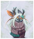  black_sclera breasts caltroplay dragon female hair horn kejta long_hair looking_at_viewer scarf snow solo teal_eyes whiskers white_hair winter 
