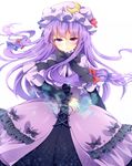  anthiea bad_id bad_pixiv_id bow capelet crescent dress hair_bow hat long_hair looking_at_viewer patchouli_knowledge purple_eyes purple_hair smile solo touhou 