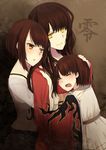  asou_misaki blush brown_hair dress dual_persona fatal_frame fatal_frame_4 haibara_sakuya hinagi_(fox_priest) hug japanese_clothes kimono long_hair multiple_girls obi open_mouth sash skirt smile tears text_focus time_paradox yellow_eyes younger 