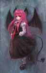  blue_background demon_tail full_body hand_in_pocket hiepita_(1014) highres koakuma light_smile long_hair long_skirt necktie pink_eyes pink_hair red_neckwear skirt skirt_set solo tail touhou vest walking 