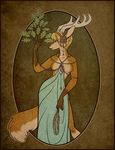  art_nouveau bix707 blonde_hair breasts canine cervine deer dress feather female fox hair horn hybrid jewelry kaia mammal no_nipples short_hair simple_background solo wolf 