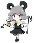  aho animal animal_ears basket capelet dowsing_rod dual_wielding grey_hair holding jewelry long_sleeves mouse mouse_ears mouse_tail nazrin outstretched_arms pendant puffy_sleeves red_eyes short_hair smile solo tail touhou 