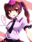  brown_hair hat himekaidou_hatate kohaku. long_hair necktie open_mouth puffy_sleeves purple_eyes short_sleeves solo tokin_hat touhou twintails 