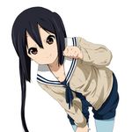  aqua_legwear bad_id bad_pixiv_id bent_over black_hair brown_eyes cardigan clenched_hand k-on! k-on!_movie legwear_under_shorts long_hair nakano_azusa official_style pantyhose paw_pose ragho_no_erika shorts twintails 