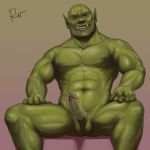  2018 abs bald blue_eyes bulge clothing condom erection green_skin grin humanoid humanoid_penis looking_at_viewer male muscular nipple_piercing nipples nude orc pecs penis piercing pointy_ears rov simple_background sitting smile solo tusks 