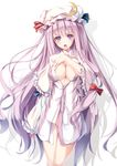  :o angry blush bottomless bow breasts center_opening cleavage crescent dress fal_maro hair_bow hat highres large_breasts long_hair long_sleeves looking_at_viewer no_panties open_mouth patchouli_knowledge purple_eyes purple_hair solo striped striped_dress touhou v-shaped_eyebrows very_long_hair 
