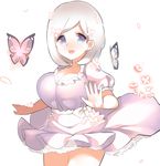  bad_id bad_pixiv_id banned_artist blue_eyes bob_cut breasts bug butterfly cleavage dress dskn futo_momo_(dskn) insect large_breasts original petals purple_dress short_hair silver_hair solo wind wind_lift 