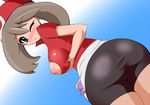  1girl ass bike_shorts breasts brown_hair green_eyes halubato harubato haruka_(pokemon) hat large_breasts nipple_cutout nipples pokemon solo tight torn_clothes 