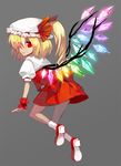  blonde_hair crystal esythqua flandre_scarlet glowing glowing_eyes hat hat_ribbon open_mouth puffy_sleeves red_eyes ribbon short_hair short_sleeves side_ponytail slit_pupils solo touhou wings wrist_cuffs 