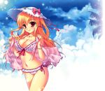  :q absurdres bikini blonde_hair blush bracelet breasts cleavage cloud copyright_request day frilled_bikini frills front-tie_top hair_ribbon hat highres jewelry large_breasts light_rays long_hair looking_at_viewer mikeou navel neck_ribbon necklace red_eyes ribbon scan shiny shiny_skin side-tie_bikini sky solo striped sun sun_hat sunlight swimsuit tareme tongue tongue_out two_side_up undressing vertical-striped_bikini vertical_stripes walking 