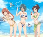  5girls :&lt; :d ^_^ afloat angry anrakutei_kukuru arm_up bad_id bad_pixiv_id bag bangs bare_shoulders beach between_breasts bikini black_hair blonde_hair blush boots bouhatei_tetora breast_hold breast_press breasts broom broom_riding brown_eyes brown_hair buratei_marii cape chikuwa cleavage clenched_hand closed_eyes cloud condensation_trail condensed_milk day double_v elbow_gloves embarrassed flat_chest flying food frilled_bikini frills glasses gloves green_eyes green_hair green_sarong hair_between_eyes hair_ornament hair_ribbon hairclip haroukitei_kigurumi heart holding innertube joshiraku knee_boots kuurubiyuutei_gankyou leaning_forward long_hair looking_at_viewer looking_back lotion low-tied_long_hair messy multiple_girls navel ocean open_mouth outdoors polka_dot ponytail print_sarong raised_fist red_eyes red_hair ribbon sarong scrunchie semi-rimless_eyewear sexually_suggestive short_hair short_ponytail short_twintails sideboob skindentation sky smile sparkle standing string_bikini striped striped_bikini striped_swimsuit swimsuit tankini twintails unaligned_breasts under-rim_eyewear underboob v very_long_hair waving white_gloves 